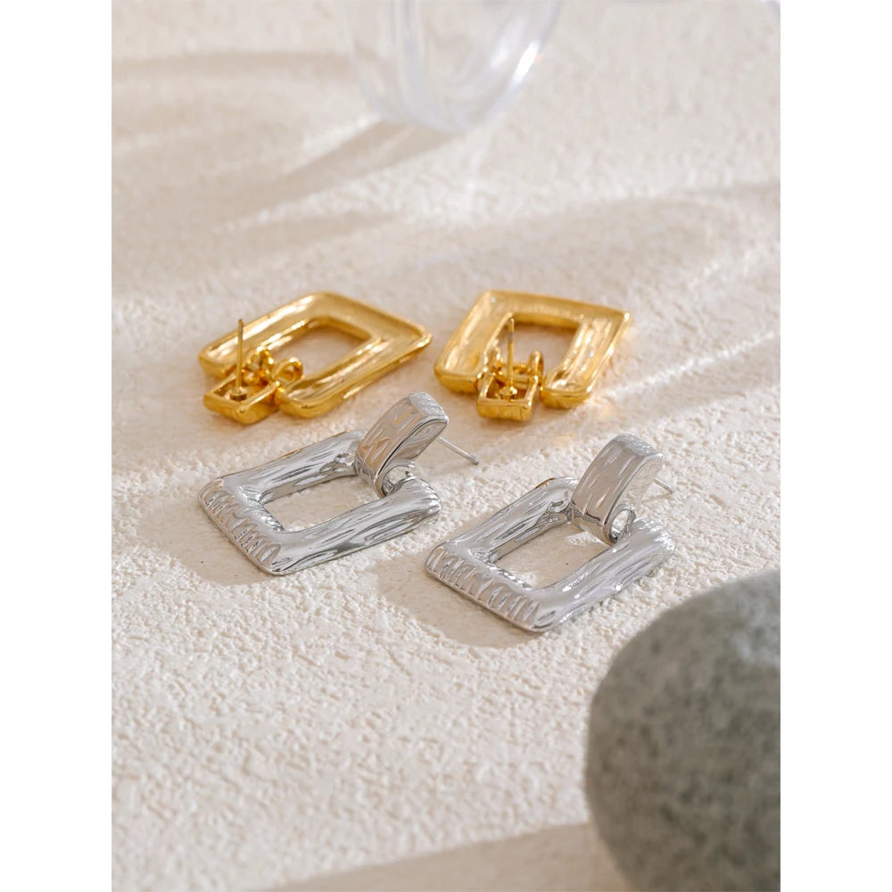 Stainless Steel Metal Square Rectangle Hollow Drop Earrings