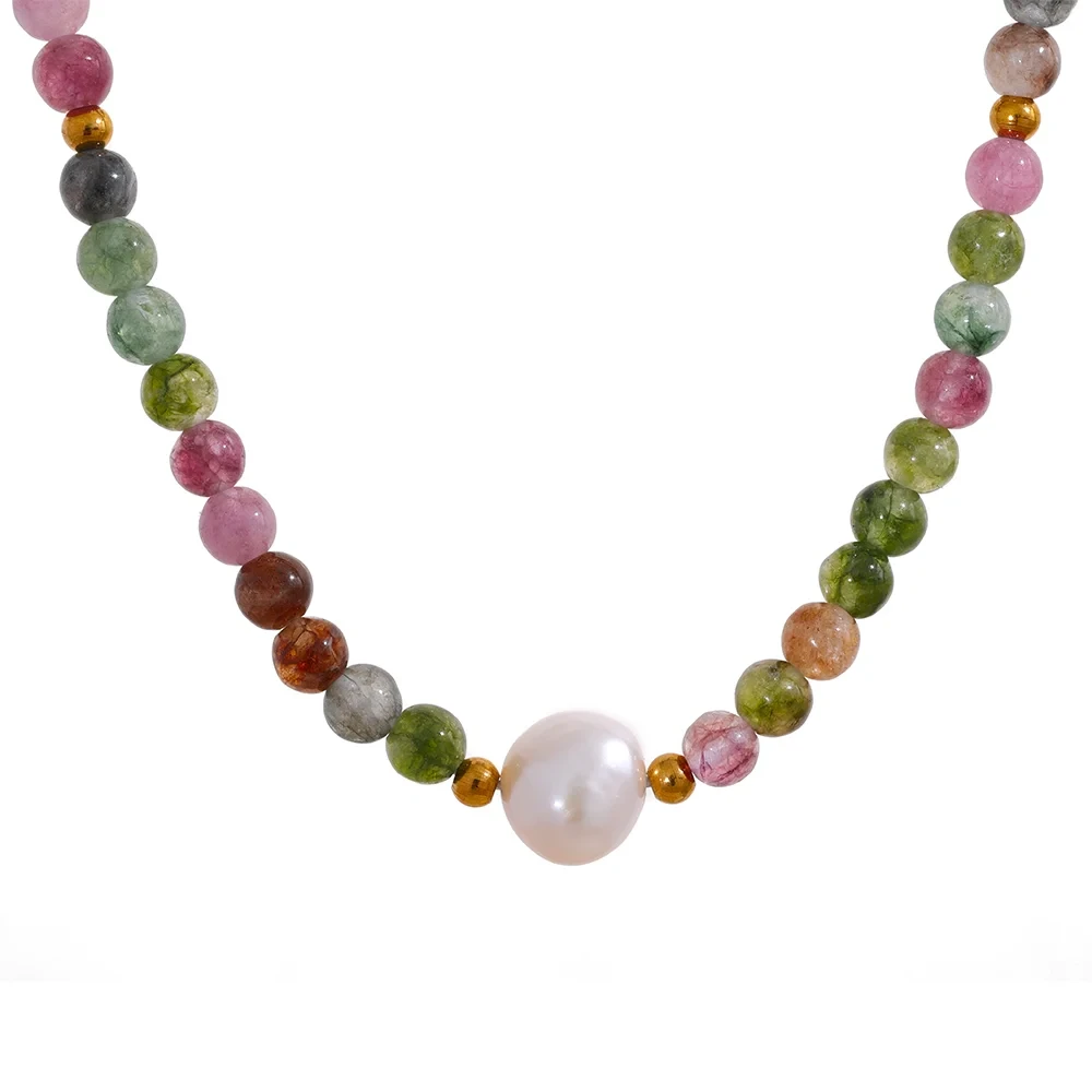 Multicolor Natural Tourmaline Stone Pearl Semi-precious Beads Luxury Necklace Handmade