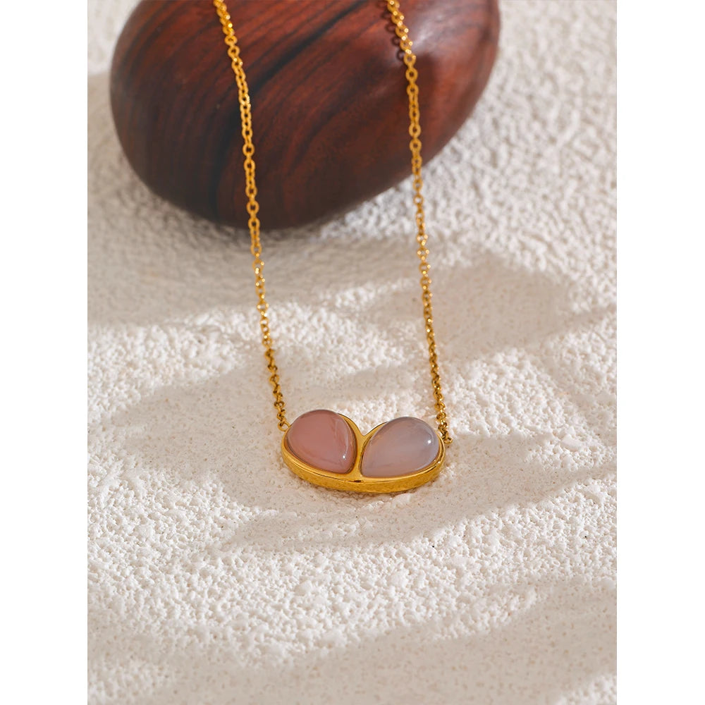 Pink Natural Stone Heart Love Pendant Necklace Stainless Steel Jewelry 18K PVD Plated