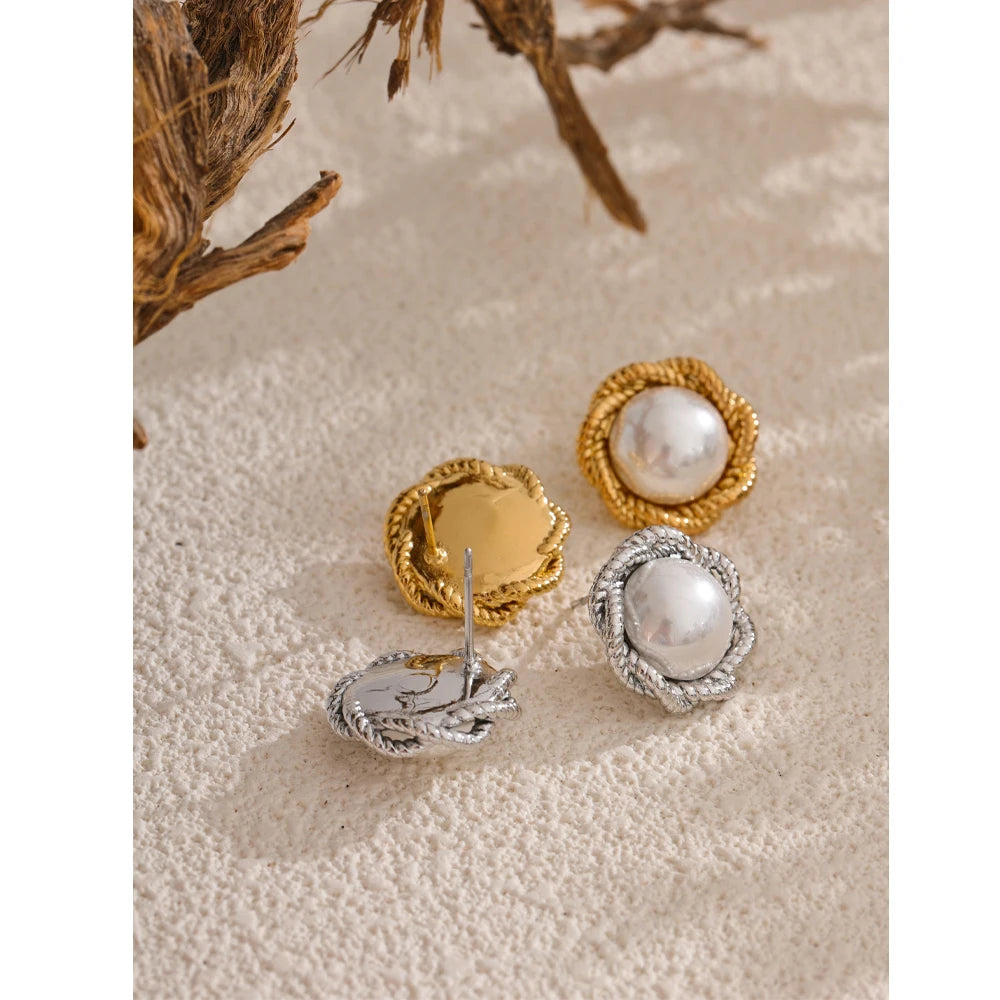 Simulated-Pearl Round Flower Stud Earrings